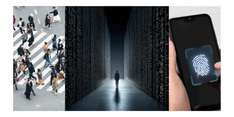 Ein dreiteiliges Bild. Links sind Passant*innen zu sehen, die eine Straße überqueren. In der Mitte ist ein Mensch am Ende eines dunklen Tunnels aus Servertürmen. Rechts sieht man einen Fingerabdrucknachweis auf einem Smartphone-Bildschirm.