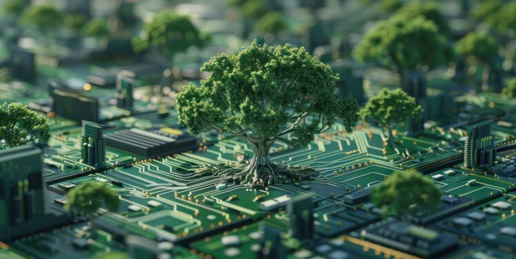 Das Bild zeigt mittig einen auf einer Platine platzierten Baum, im Hintergund sind weitere Bäume unscharf und schemenartig zu erkennen.