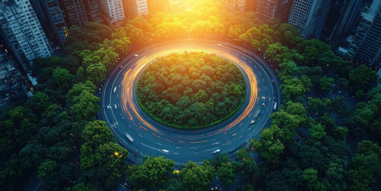 Eine Luftaufnahme bei Sonnenuntergang von einer Straße, die im Kreis verläuft und von einem großflächigen Park umgeben ist.