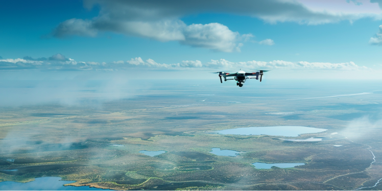 Eine Drohne fliegt über eine Moorlandschaft