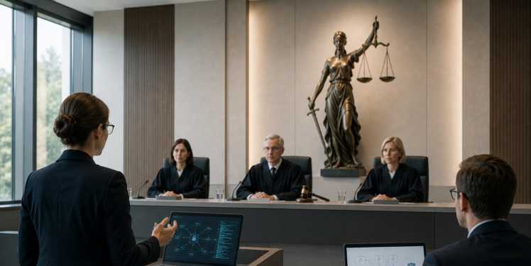Moderner Gerichtssaal mit Richtergremium und großer Justizia-Statue im Hintergrund. Zwei Forschende präsentieren technische Unterlagen und Sicherheitsdiagramme vor Gericht, aufgenommen aus seitlicher Perspektive ohne direkte Gesichtsansichten.