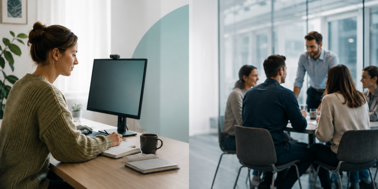 Geteilte Arbeitsszene: Links arbeitet eine Frau konzentriert allein an einem Schreibtisch im Homeoffice. Rechts tauscht sich ein fünfköpfiges Team in einem hellen Büro aus. Die Gegenüberstellung veranschaulicht das Spannungsfeld zwischen fokussiertem Arbeiten zu Hause und persönlicher Zusammenarbeit im Büro.