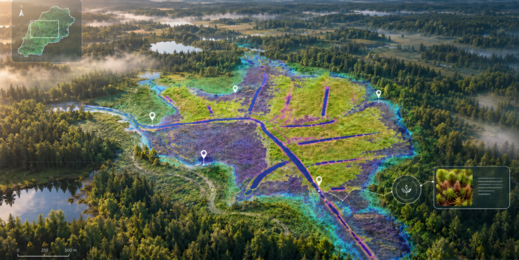 Luftaufnahme einer Moorlandschaft mit farbigen digitalen Messdaten, markierten Sensorpunkten und einer kleinen Kartenansicht. Die Visualisierung zeigt, wie Wasserstand und Vegetation räumlich überwacht werden können.